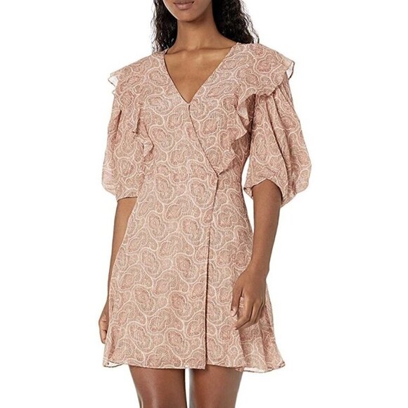 The Kooples Dresses & Skirts - NEW THE KOOPLES Mini Silk Dress Paisley Lurex V-Neck Puff Sleeve Wrap Size 3 L